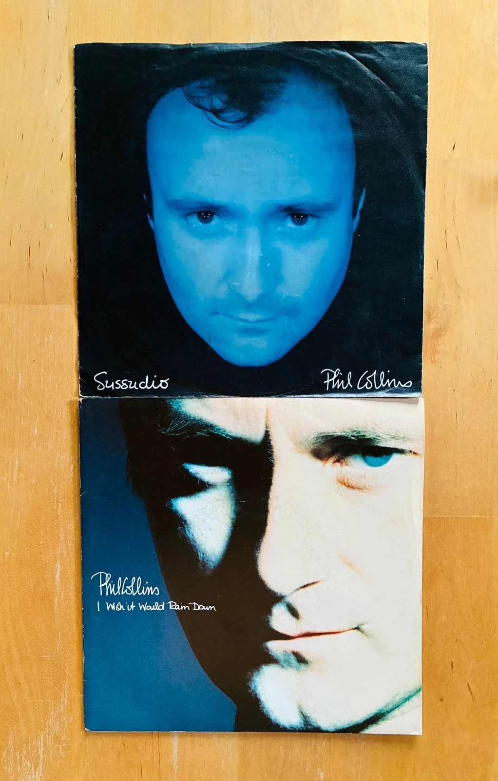 Lot 2 disques vinyles 45T Phil Collins: Sussudio et I wish it would rain down.